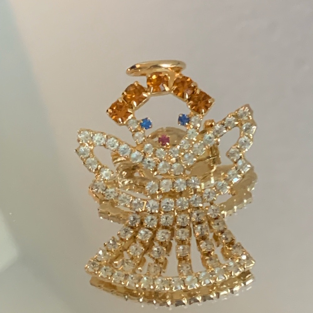Vintage rhinestone gold plated angel pin brooch